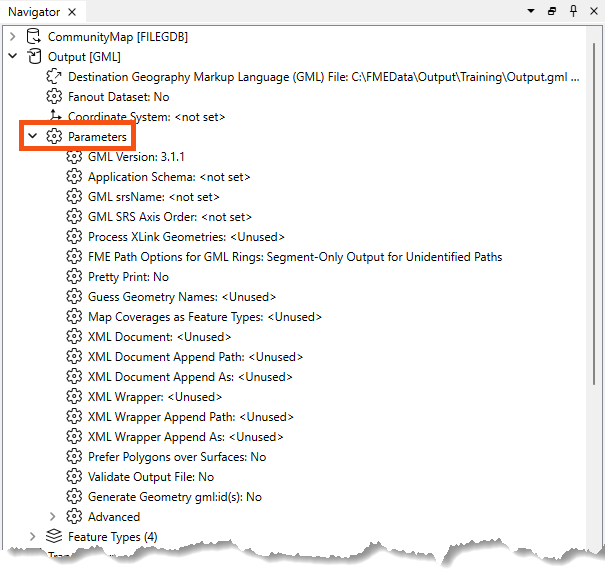 Writer parameters in the Navigator